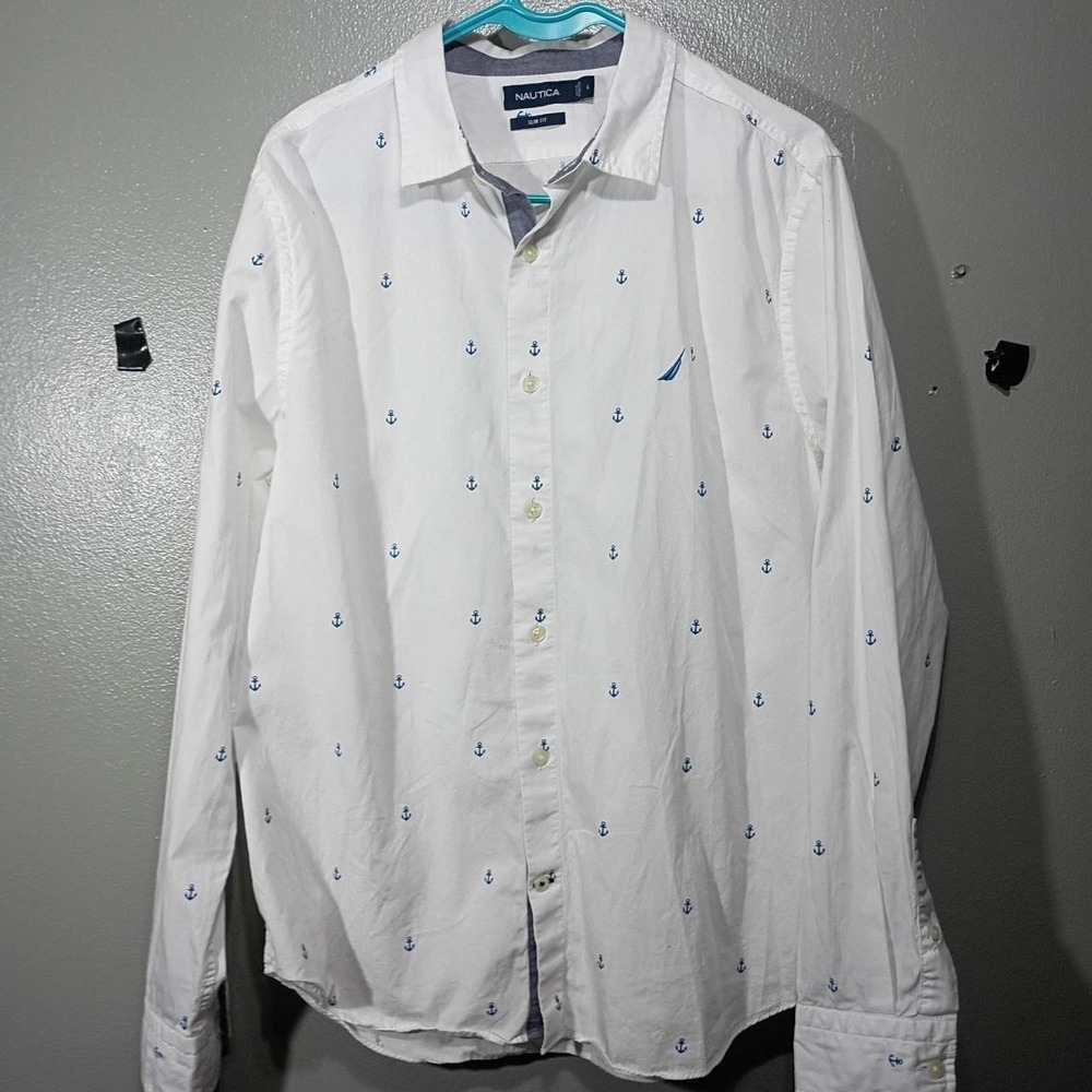 Nautica white button-up shirt with small blue anchor print, size L